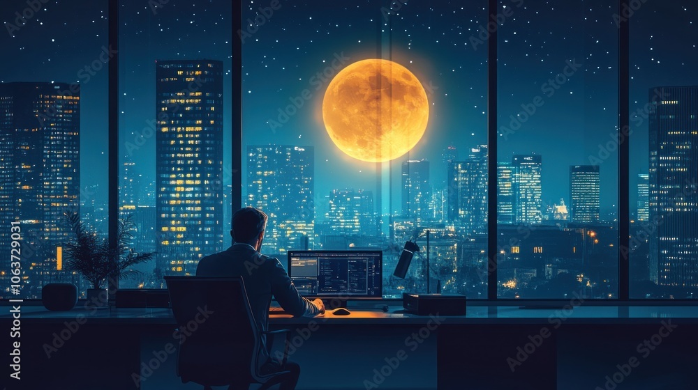 Naklejka premium A man working at a desk in a skyscraper at night with a large moon in the window.