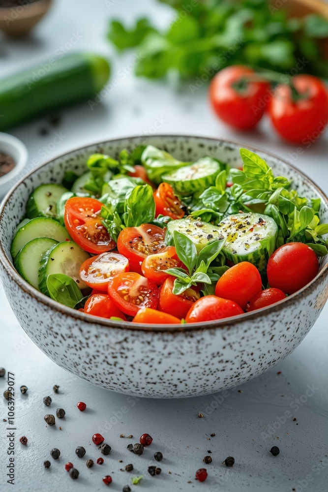 Fresh salad with cherry tomatoes and cucumbers, ceramic bowl. Fresh salad with cherry tomatoes and cucumbers, ceramic bowl.