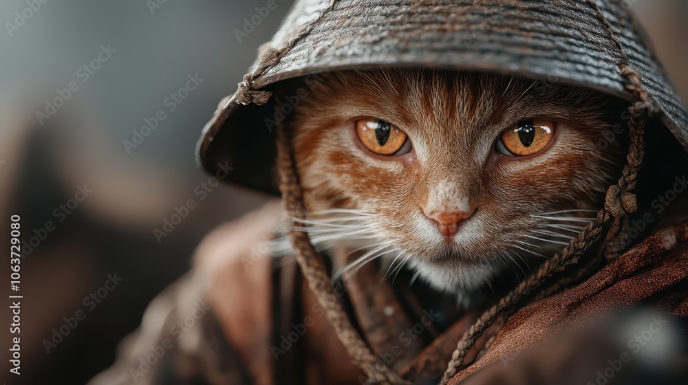 A charming ginger cat nestles comfortably under a rustic hat, highlighted by soft raindrops, illustrating a serene moment encapsulated in nature's simplicity.