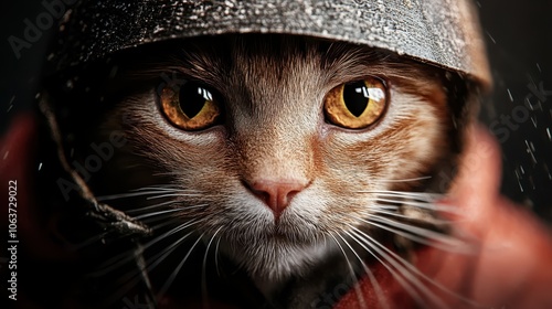 A captivating close-up of a cat with an orange-brown coat, wearing a hat that enhances its charm, shimmering with raindrops, showcasing elegance and wisdom. photo