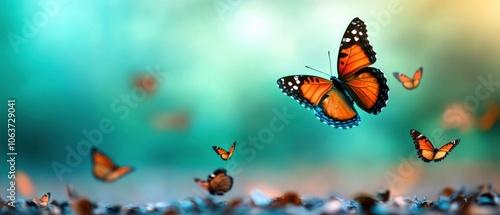 A vibrant scene showcasing orange butterflies fluttering against a soft, blurred background, creating a serene and enchanting atmosphere.