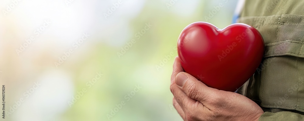 A person holding a red heart symbolizing love and compassion against a blurred background. A person holding a red heart symbolizing love and compassion against a blurred background.