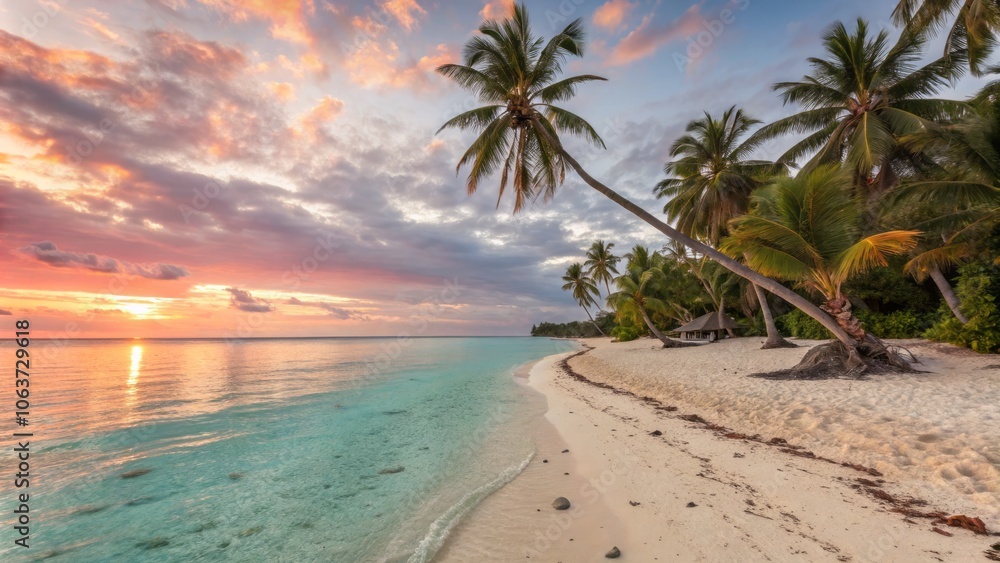 Obraz premium Sun-Kissed Tropical Beach with Soft White Sand and Clear Blue Waters Under a Bright Blue Sky