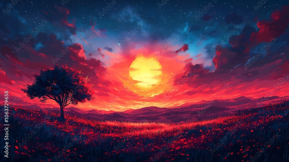 sunset at meadow and lonely tree, 3d render illustration generative ai sunset at meadow and lonely tree, 3d render illustration generative ai