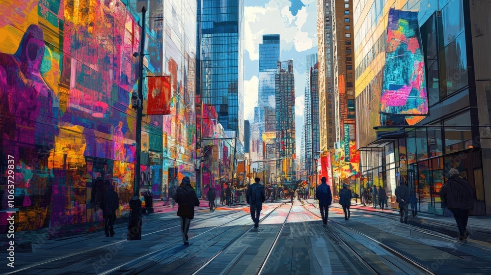 Fototapeta premium People walking in a city street with tall buildings.