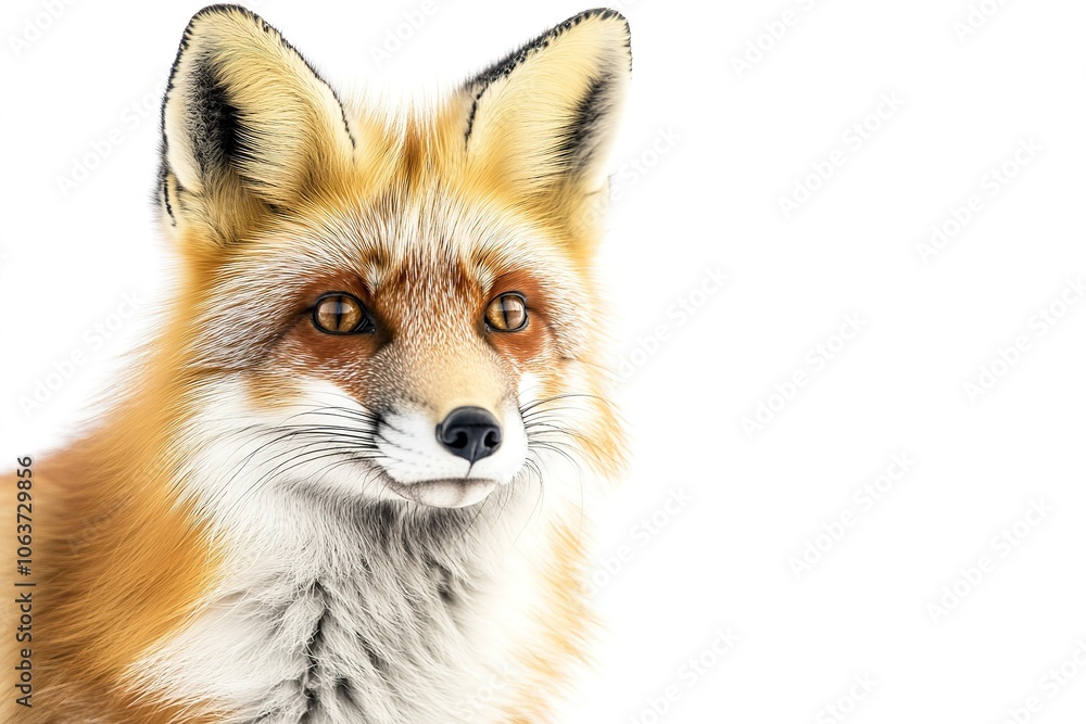 Red fox portrait with intense gaze on white background Red fox portrait with intense gaze on white background