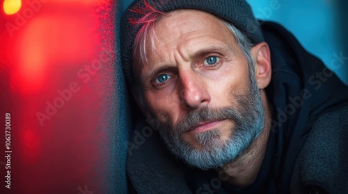 A man with a gray beanie and rugged face leans against a wall, bathed in soft red and blue lighting, looking intently at the viewer in a pensive moment. photo