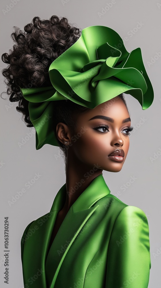 A poised Black woman with curly hair poses gracefully in a striking green ruffled dress A poised Black woman with curly hair poses gracefully in a striking green ruffled dress