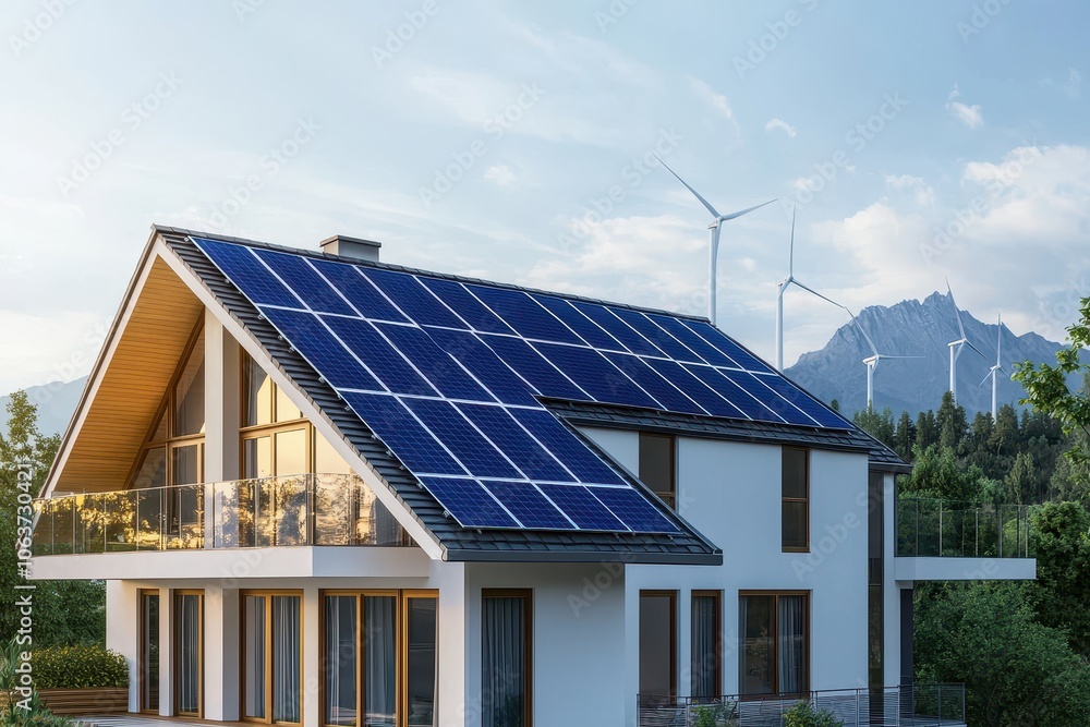 Fototapeta premium A modern house featuring solar panels on the roof, surrounded by nature, with wind turbines visible in the background, showcasing renewable energy.
