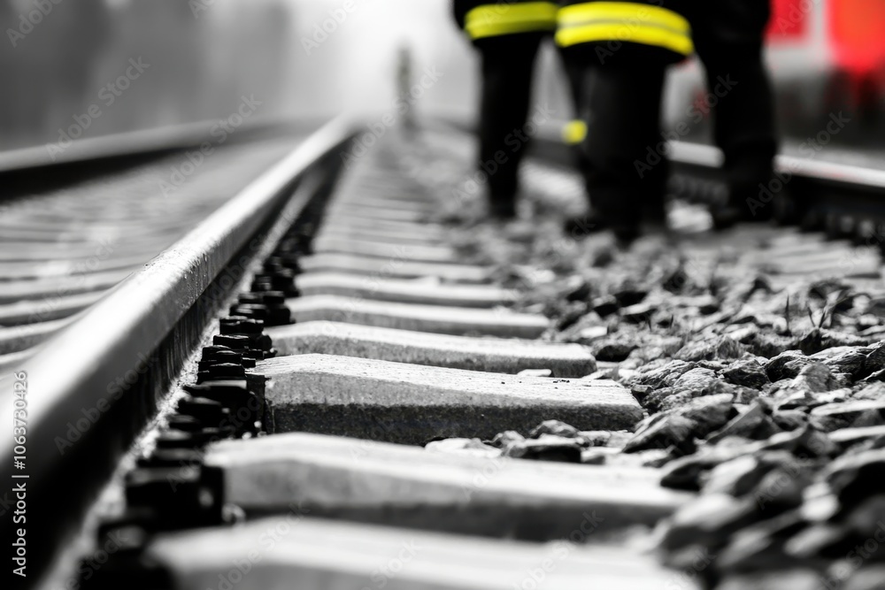 Close-up view of railway tracks with workers in the background Close-up view of railway tracks with workers in the background