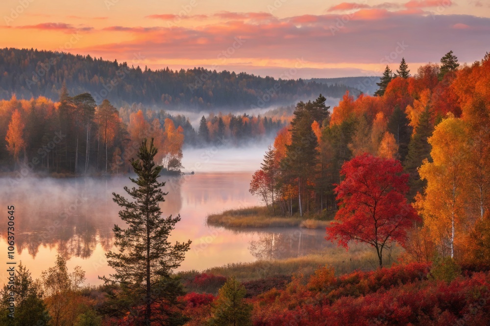 Vibrant Autumn Landscape in Finland at Dawn with Colorful Foliage and Serene Natural Beauty Vibrant Autumn Landscape in Finland at Dawn with Colorful Foliage and Serene Natural Beauty