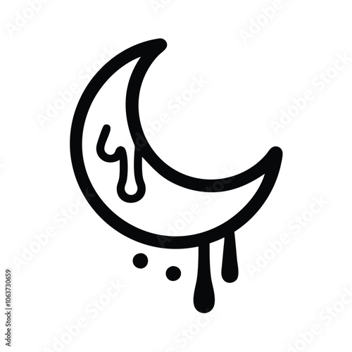 Dripping crescent moon icon in outline, Black and white outline of a crescent moon with a dripping effect, symbolizing fantasy, mystery, and celestial themes in a minimalist style.