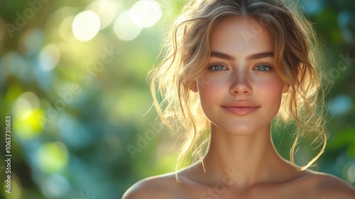 radiant young woman basking in the soft glow of summer sunlight her golden hair catching the light exuding an aura of serenity and natural beauty surrounded by gentle green foliage