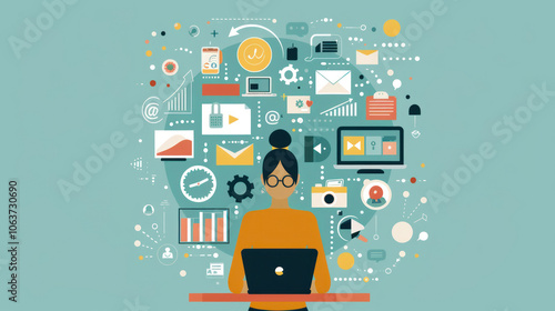 A small business owner crafting marketing strategies using AI tools, data-driven insights, and personalized campaigns across social media, reflecting the future of marketing in 2025