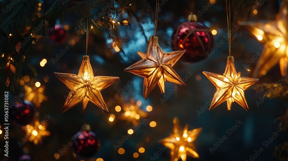 Christmas stars and ornaments glowing in the night Christmas stars and ornaments glowing in the night