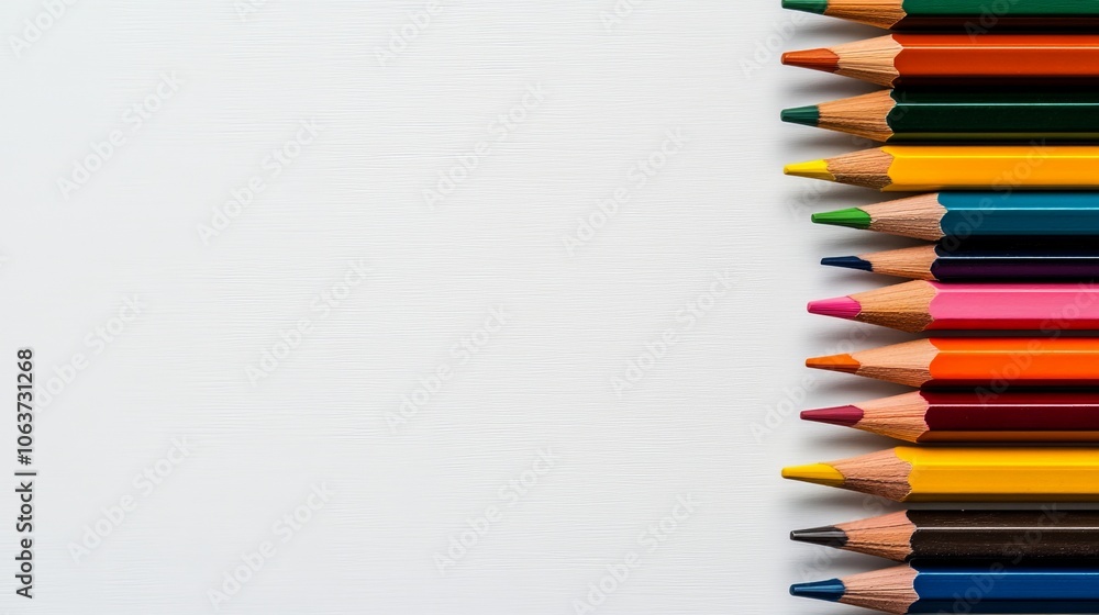 Colorful Crayons on White Background: A vibrant row of sharpened crayons arranged in a diagonal line against a clean white backdrop. Colorful Crayons on White Background: A vibrant row of sharpened crayons arranged in a diagonal line against a clean white backdrop.