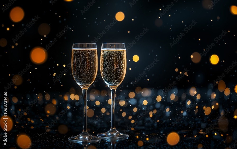 Two Champagne Flutes with Festive Bokeh Lights Two Champagne Flutes with Festive Bokeh Lights