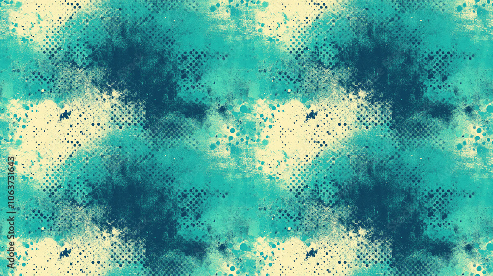 Obraz premium Seamless pattern featuring a vibrant turquoise grunge background with halftone texture ideal for vintage design projects