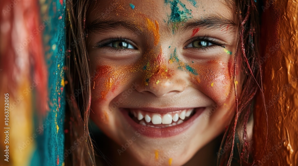 A close-up of a girl's face, painted with vibrant colors, expressing pure joy and creativity, capturing a moment of youthful exuberance and artistic freedom. A close-up of a girl's face, painted with vibrant colors, expressing pure joy and creativity, capturing a moment of youthful exuberance and artistic freedom.