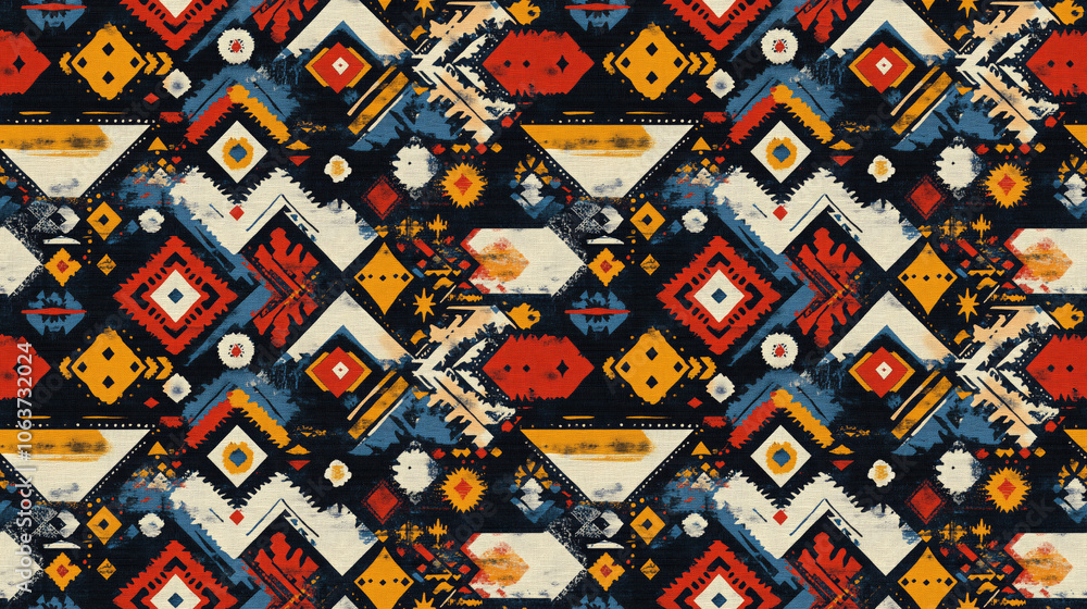 Fototapeta premium Abstract geometric seamless pattern featuring handmade ethnic and tribal motifs perfect for bohemian style decor and textile design