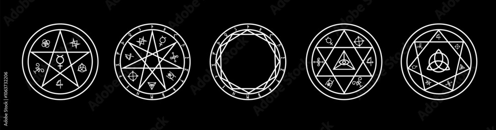 An occult inspired pattern of geometric shapes, featuring pentagrams, circles, and hexagons. These simple, spiritual symbols are perfect for decorative and ritualistic artwork. An occult inspired pattern of geometric shapes, featuring pentagrams, circles, and hexagons. These simple, spiritual symbols are perfect for decorative and ritualistic artwork.