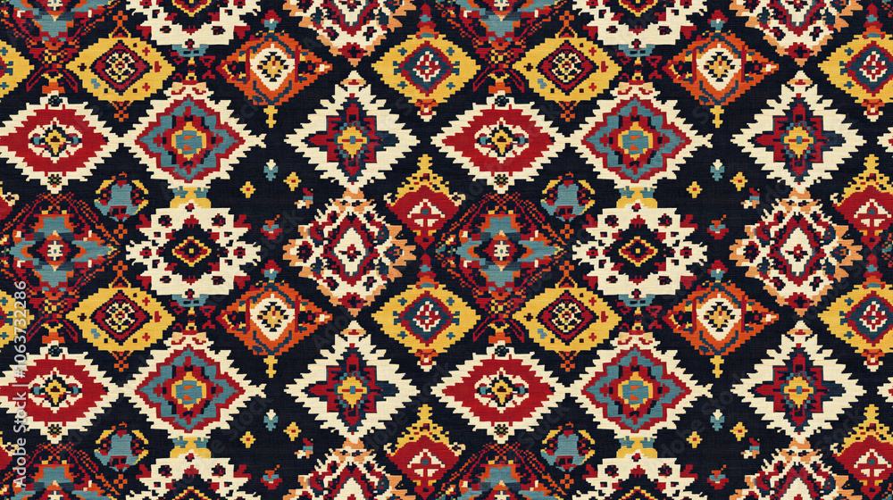 Seamless Turkish kilim pattern featuring vibrant geometric designs ideal for carpets rugs wallpaper and fabric decor Seamless Turkish kilim pattern featuring vibrant geometric designs ideal for carpets rugs wallpaper and fabric decor