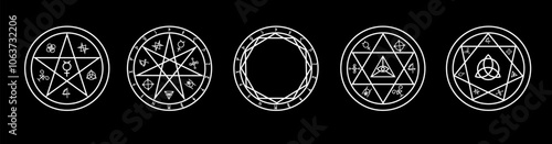 An occult inspired pattern of geometric shapes, featuring pentagrams, circles, and hexagons. These simple, spiritual symbols are perfect for decorative and ritualistic artwork.