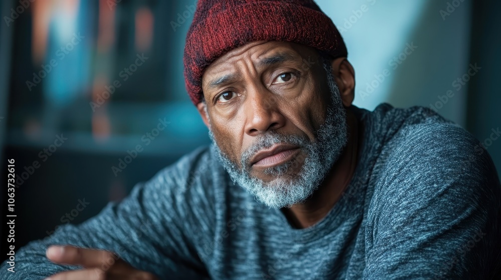 A pensive elderly man wearing a beanie reflects on life's complexities, exuding a sense of calm and resilience in a soft-lit contemporary environment. A pensive elderly man wearing a beanie reflects on life's complexities, exuding a sense of calm and resilience in a soft-lit contemporary environment.