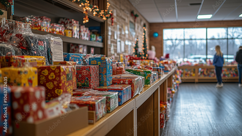 Fototapeta premium Brightly wrapped gifts displayed on shelves at a charity event or store. The concept of a happy childhood and caring for children, making the world a better place