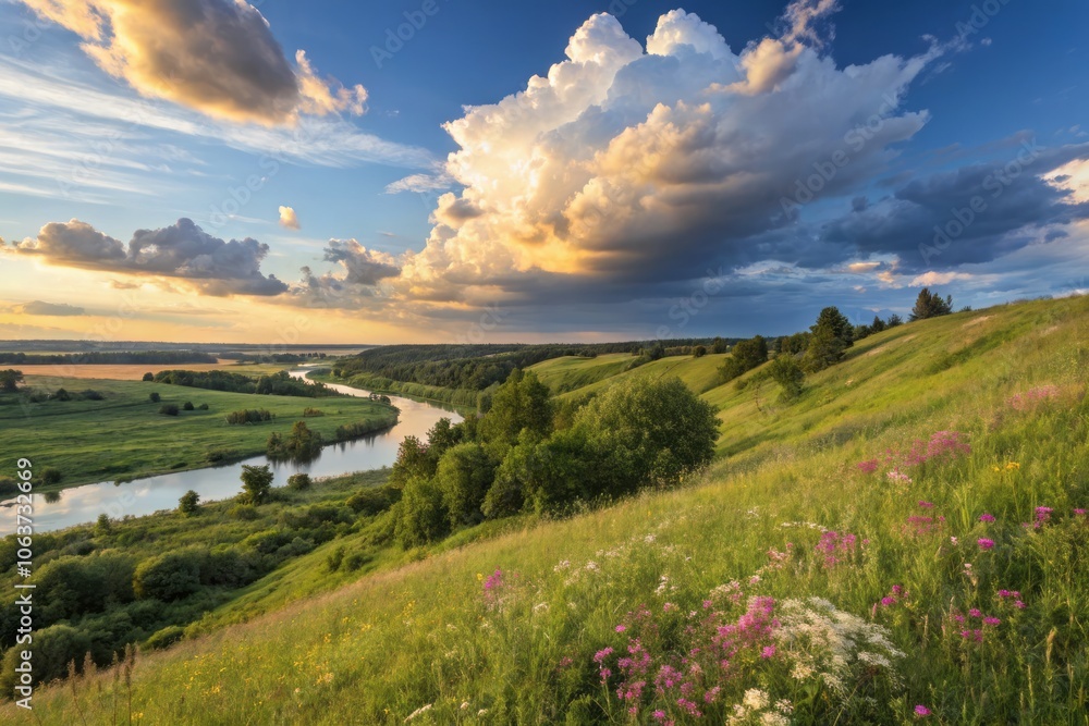 Fototapeta premium Vibrant Summer Landscape Under a Vast Cerulean Sky with Billowing Clouds and Flourishing Greenery
