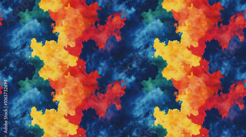 Seamless indigo acrylic pattern featuring sun stains and rainbow camouflage designs ideal for unique fabric applications