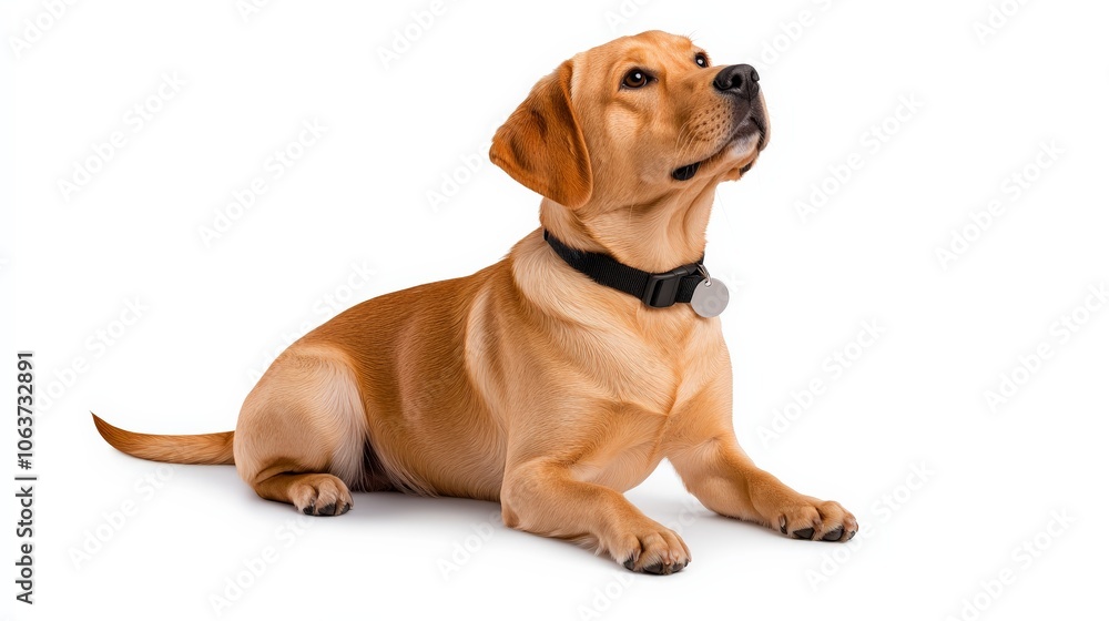 Golden Retriever with Collar: A captivating portrait of a golden retriever dog with a black collar, looking up with an expressive gaze. The dog's golden fur, vibrant eyes. Golden Retriever with Collar: A captivating portrait of a golden retriever dog with a black collar, looking up with an expressive gaze. The dog's golden fur, vibrant eyes.