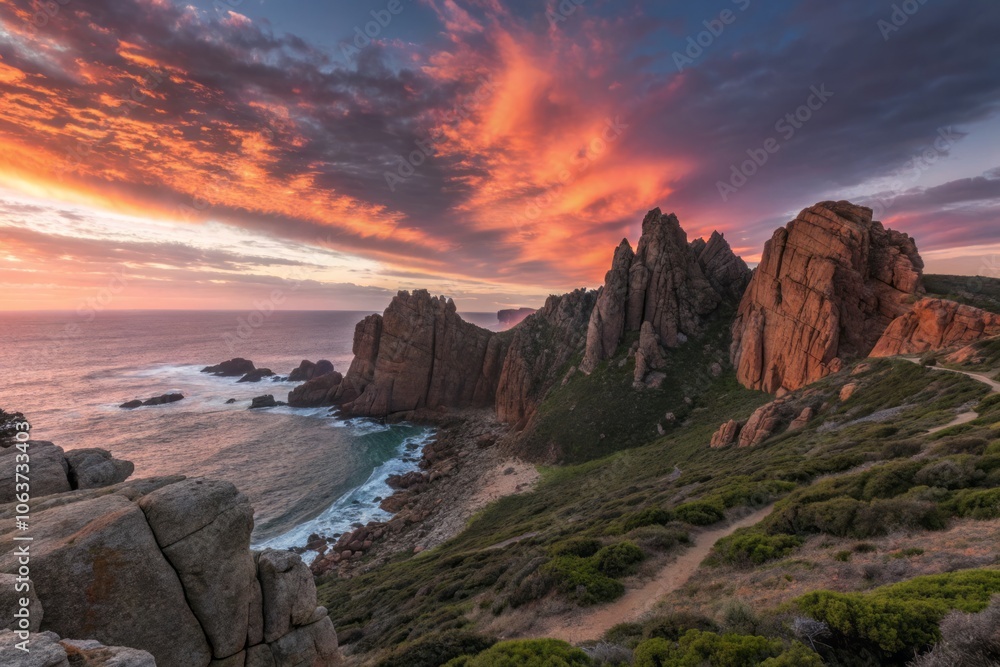 Fototapeta premium Vibrant Sunset Illuminates Rugged Pinnacles at Cape Woolamai, Showcasing Nature's Majestic Beauty