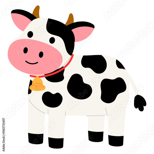 smiling dairy cow with bell and red collar illustration