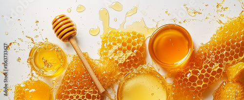 Varied Types of Honey and Honeycombs on White Background with Copy Space