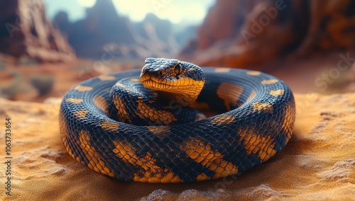 Black and Yellow Rattlesnake Coiled and Ready to Strike in the Wild photo