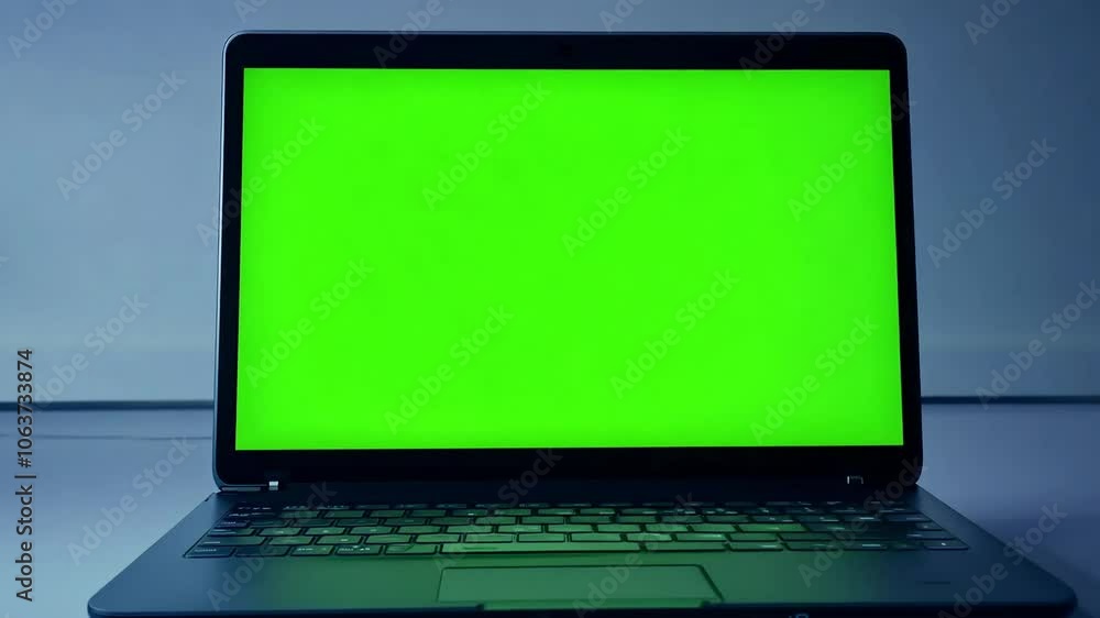 A laptop with a green screen. A laptop with a green screen.