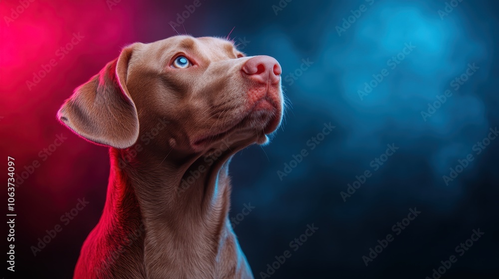 A Labrador is highlighted by contrasting red and blue lights, enhancing its curious gaze and expression, suitable for dramatic and dynamic visual storytelling. A Labrador is highlighted by contrasting red and blue lights, enhancing its curious gaze and expression, suitable for dramatic and dynamic visual storytelling.