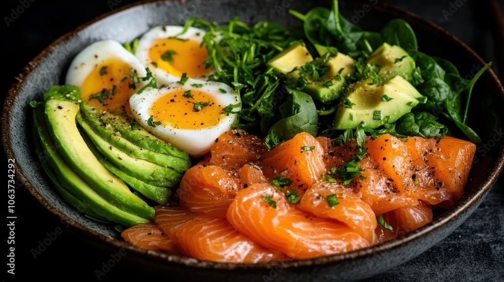 This inviting bowl contains creamy avocado, tender salmon, spinach, and perfectly boiled eggs. It's topped with herbs and spices for an extra flavor boost. This inviting bowl contains creamy avocado, tender salmon, spinach, and perfectly boiled eggs. It's topped with herbs and spices for an extra flavor boost.