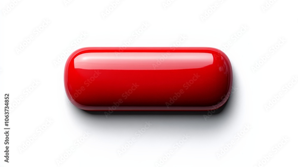 Red Pill: A single, glossy red pill isolated on a white background. The pill's smooth, rounded shape and vibrant color create a striking visual. Red Pill: A single, glossy red pill isolated on a white background. The pill's smooth, rounded shape and vibrant color create a striking visual.