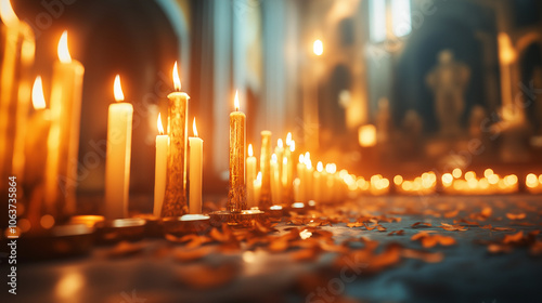 Rows of lit candles glow in an orthodox church, casting a warm and inviting ambiance.