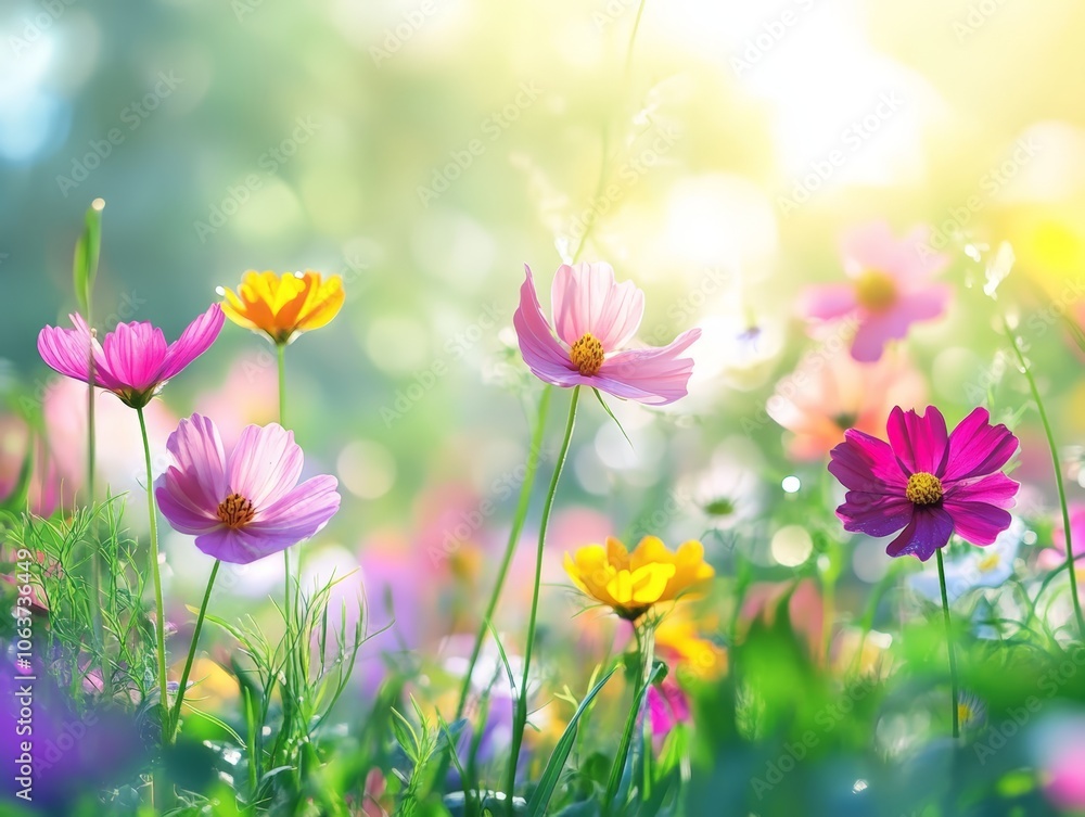 Vibrant Cosmos Flowers Blooming in a Lush Meadow Bathed in Warm Sunlight Vibrant Cosmos Flowers Blooming in a Lush Meadow Bathed in Warm Sunlight