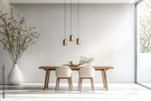 White Minimalist interior design of modern dining room