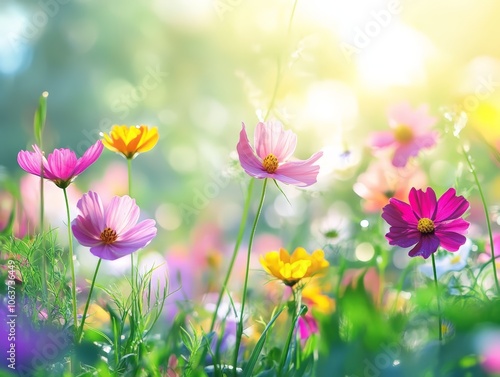 Vibrant Cosmos Flowers Blooming in a Lush Meadow Bathed in Warm Sunlight