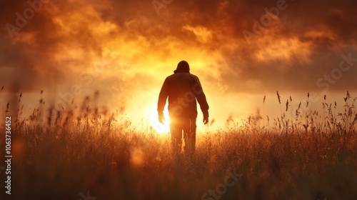 A person in silhouette strides through a wheat field at sunset, enveloped in golden light, embodying freedom and exploration in a serene natural setting. photo