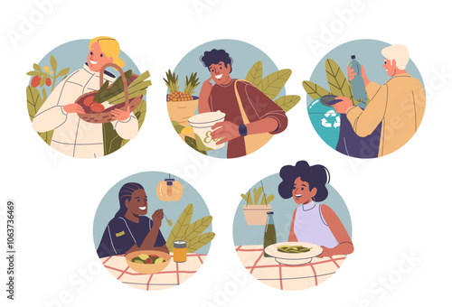 Diverse Avatars of People Enjoying Eco-Friendly Food And Sustainable Living Practices In Vibrant Setting