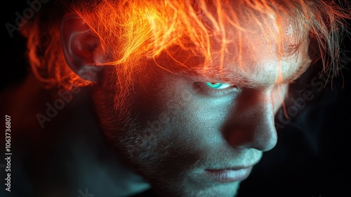 A side profile of a person with vivid orange hair highlighted by dramatic lighting, showcasing a strong, intense expression and striking artistic contrasts.