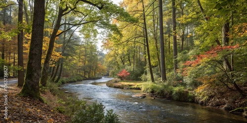 River meandering lazily through a shaded glade filled with tall trees and colorful foliage, winding waterway, colorful foliage, calming waters, tall trees, soothing ambiance