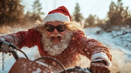 Wallpaper Mural Santa Claus, donning sunglasses, is seen racing a motorcycle through a snow-covered countryside, exuding a rebellious and joyful spirit amidst winter landscapes. Torontodigital.ca