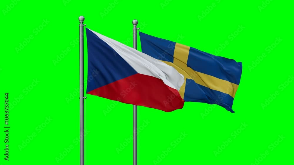 Sweden and Czech Republic flags flying together, video concept of the relationship with colored chroma key for easy background remove, two country cooperation concept Sweden and Czech Republic flags flying together, video concept of the relationship with colored chroma key for easy background remove, two country cooperation concept